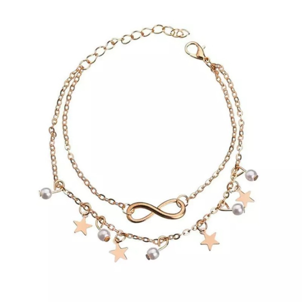 Infinity Pearl Star Boho Gold Toned Anklet - Picture 3 of 4